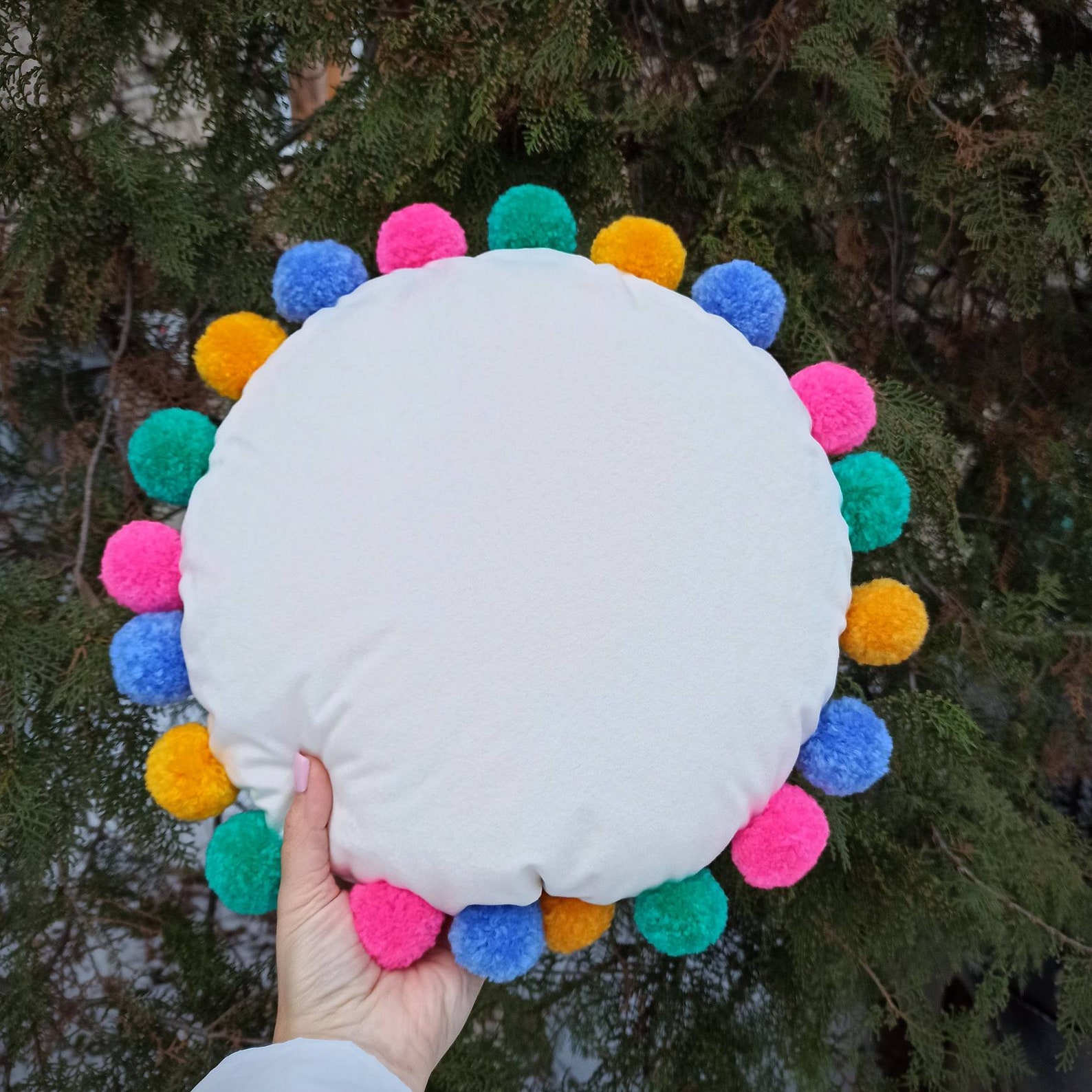 Colorful Pom Pom Round Pillow Case, Circle Throw Pillow Cover, Rainbow