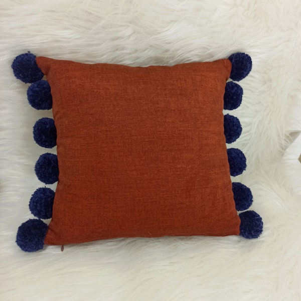 Burnt orange soft pillow case, Terracotta pom pom pillow cover, Pom pom rust cushion, Couch throw pillow, Lumbar copper decorative pillow