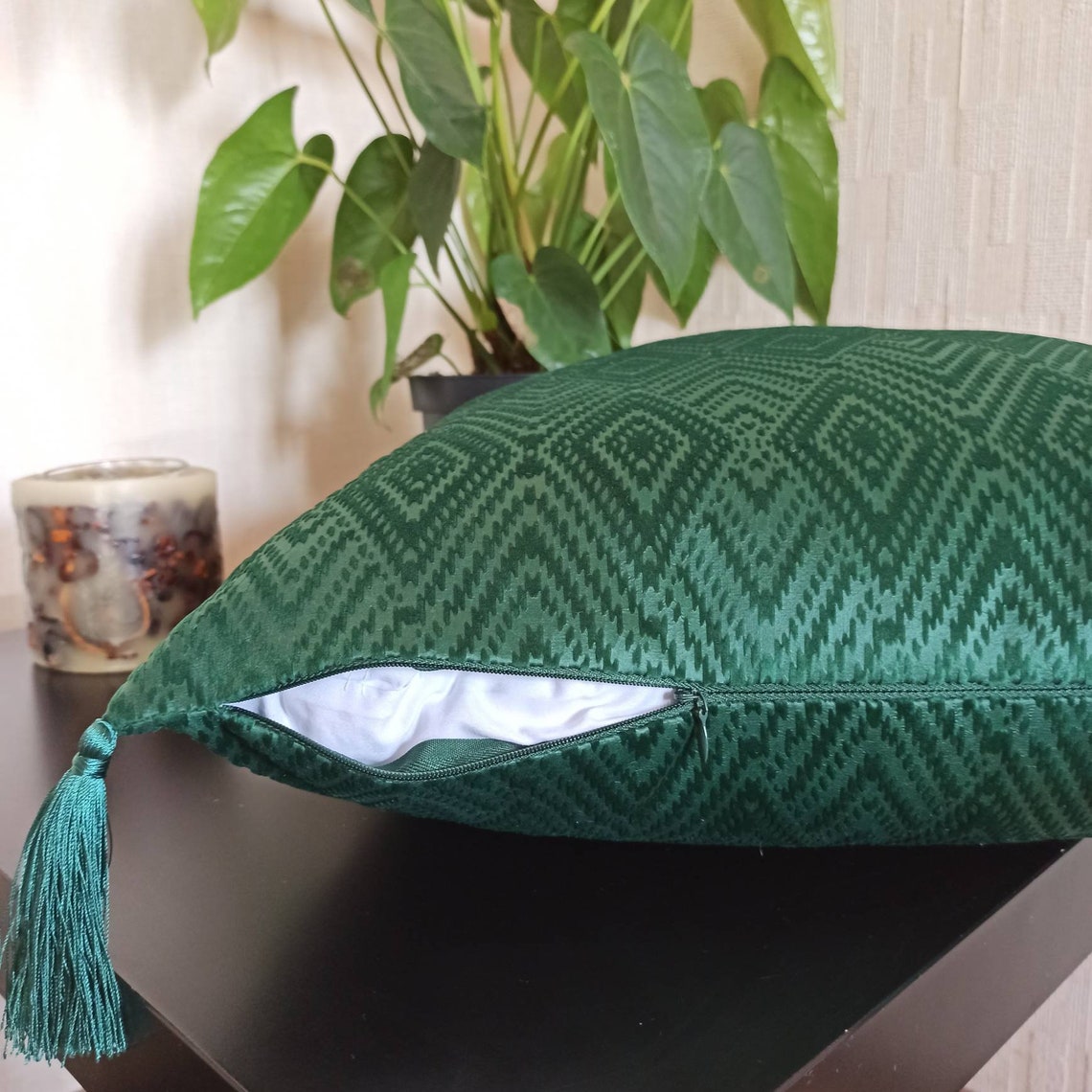 Emerald green velvet textured pillow case Green geometric Etsy