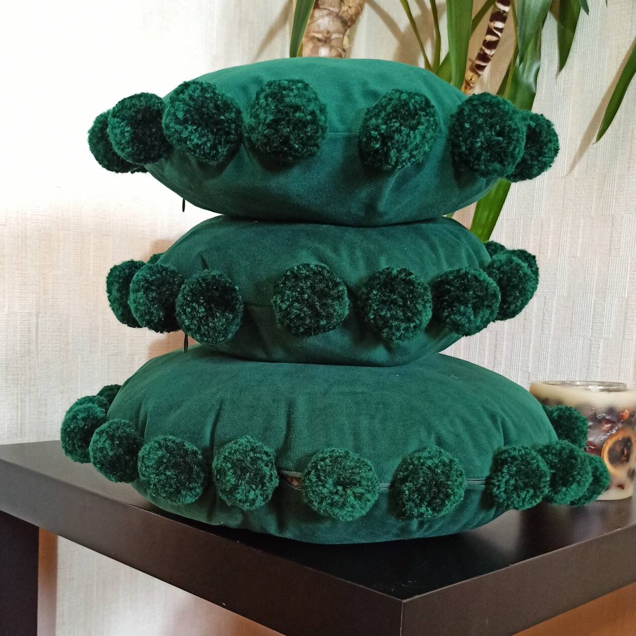 Emerald Green Round Pillow Case Circle Pom Pom Pillow Cover Etsy UK