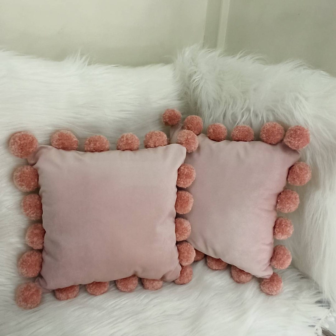 Blush Pink Pom Pom Pillow Case Rose Velvet Pillow Cover Etsy