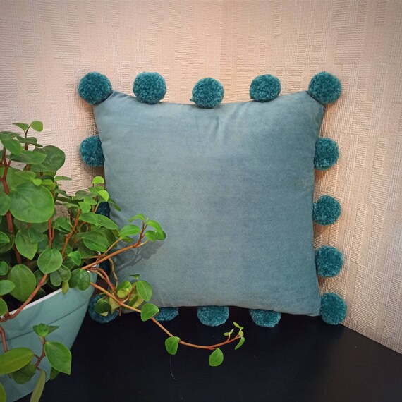 Turquoise Velvet Pillow Teal Pillow Case Pom Pom Pillow Etsy