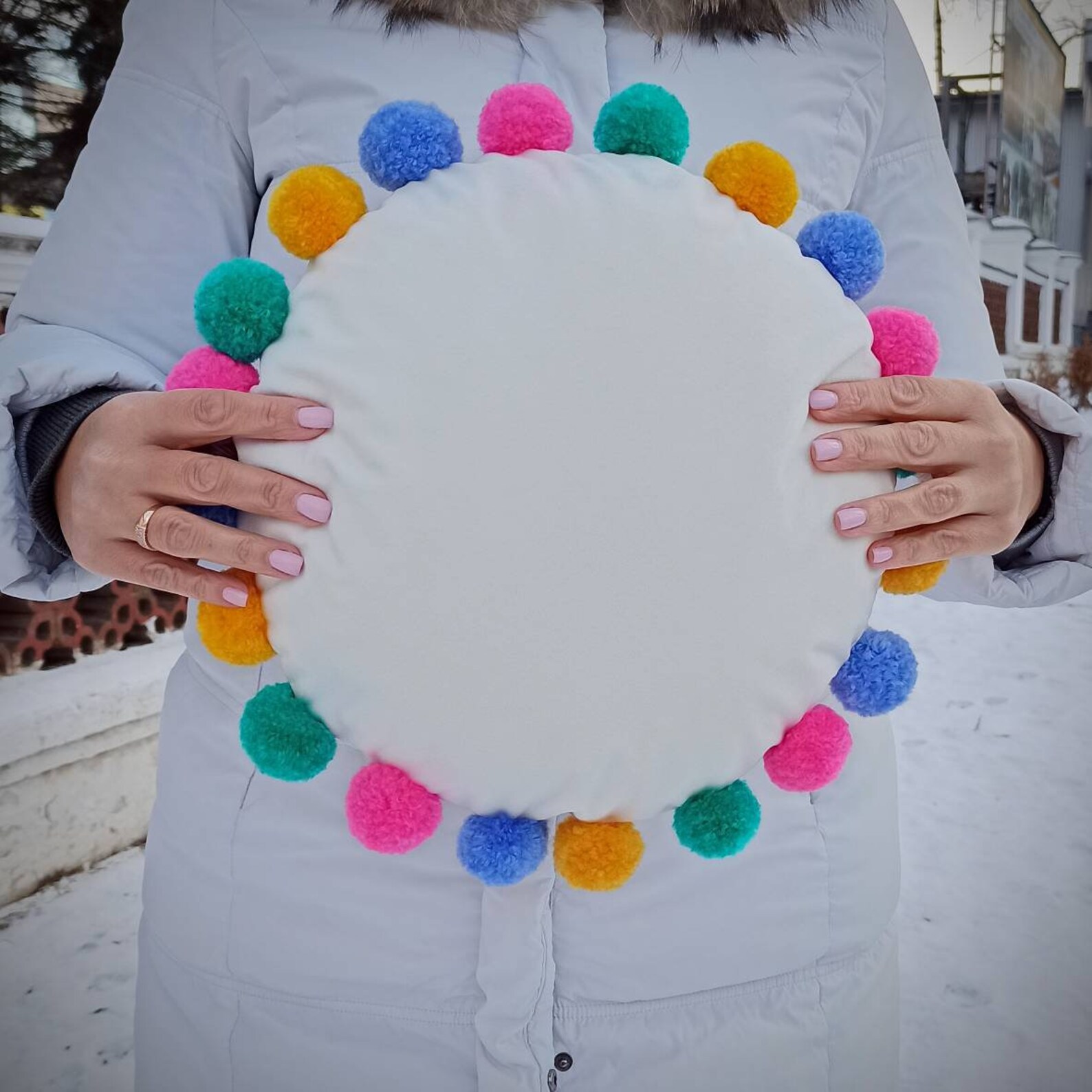 Colorful Pom Pom Round Pillow Case, Circle Throw Pillow Cover, Rainbow