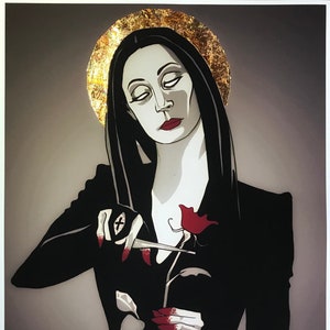 Morticia Addams Art Print | Addams Family | Cutting Head Off Rose | A4 Embellished Artwork