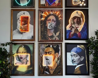 May include: Nine framed paintings of famous people with neon lights in the shape of a circle, square, or rectangle around their mouths. The paintings are arranged in three rows of three. The paintings are all in different styles and colors.