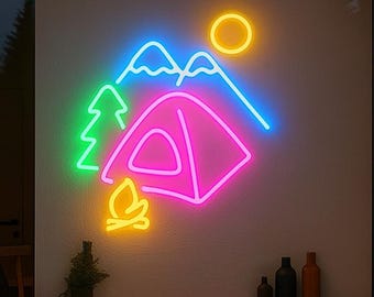 Camping Neon Sign: LED Tent, Campfire & Mountain Wall Art