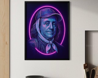 Neon Benjamin Franklin Portrait: Cyberpunk LED Wall Art