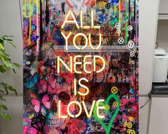 All You Need Is Love - graffiti art modern art painting,  pop art, neon sign wall art, neon galaxy art, custom neon canvas contemporary art