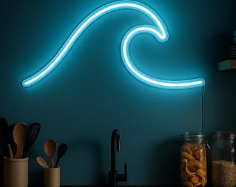 Ocean Wave Neon Sign: Blue LED Minimalist Coastal Decor