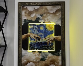 Van Gogh X Creation of Adam Neon Sign - Modern Religious Art, Illuminated God and Adam, Unique Bedroom Decor, Famous Artist Symbolism Print