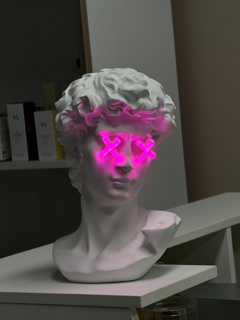 Custom Neon Bust Lamp – Michelangelo David Face with Pink LED Eyes – Unique Nightstand Art Decor - Limited Edition