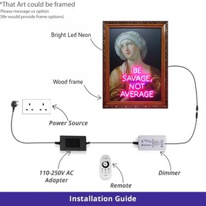 Puede incluir: Una obra de arte enmarcada con un letrero de ne&oacute;n LED brillante que dice "BE SAVAGE, NOT AVERAGE". La imagen incluye un marco de madera, una fuente de alimentaci&oacute;n, un adaptador, un atenuador y un mando a distancia. Tambi&eacute;n se incluye la gu&iacute;a de instalaci&oacute;n.