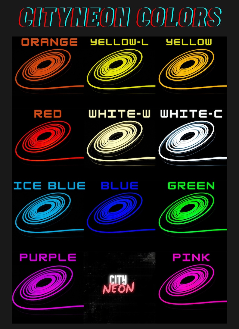 Puede incluir: Un gr&aacute;fico que muestra diferentes colores ne&oacute;n, incluyendo naranja, amarillo, rojo, blanco, azul hielo, azul, verde, morado y rosa. Los colores se muestran en un formato de cuadr&iacute;cula con el nombre de cada color escrito encima de cada muestra de color.