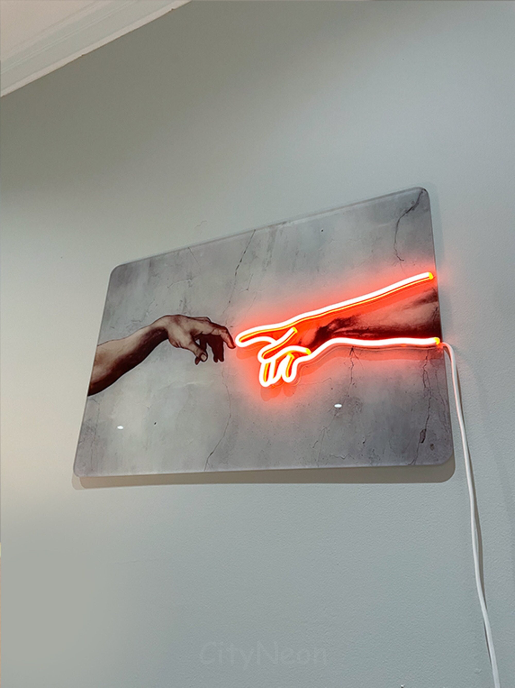 Creation of Adam Neon Sign - Modern Religious Art, Illuminated God and Adam, Unique Bedroom Business Decor, Famous Artist Symbolism Print