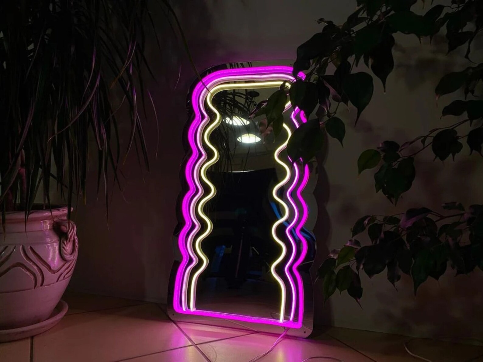 Wavy Pink Neon Mirror Glowing Mirror Light up Mirror for - Etsy