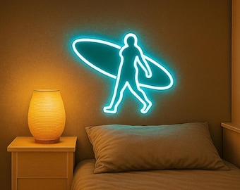 Surfboard Neon Sign: Surf Girl LED Light - Coastal Wall Art