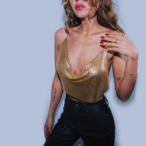 Rhinestone Backless Party Crop Top - Women Summer Deep V Neck Night Club Diamonds Metal Tank Tops