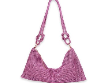 Marla Pink, Silver Shiny Rhinestone Shoulder Bag, Mesh Chain Handbag