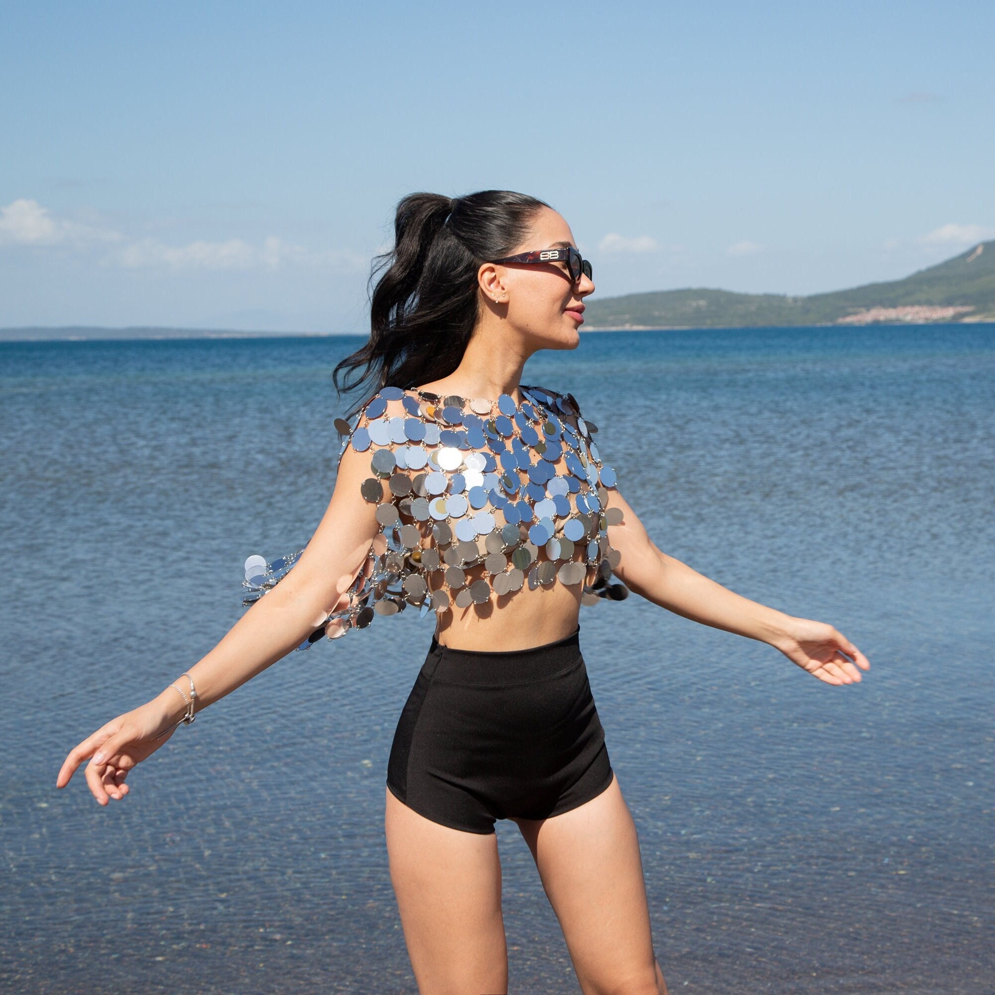 Silver Disc Crop Top: Metallic Festival Party Outfit - Etsy