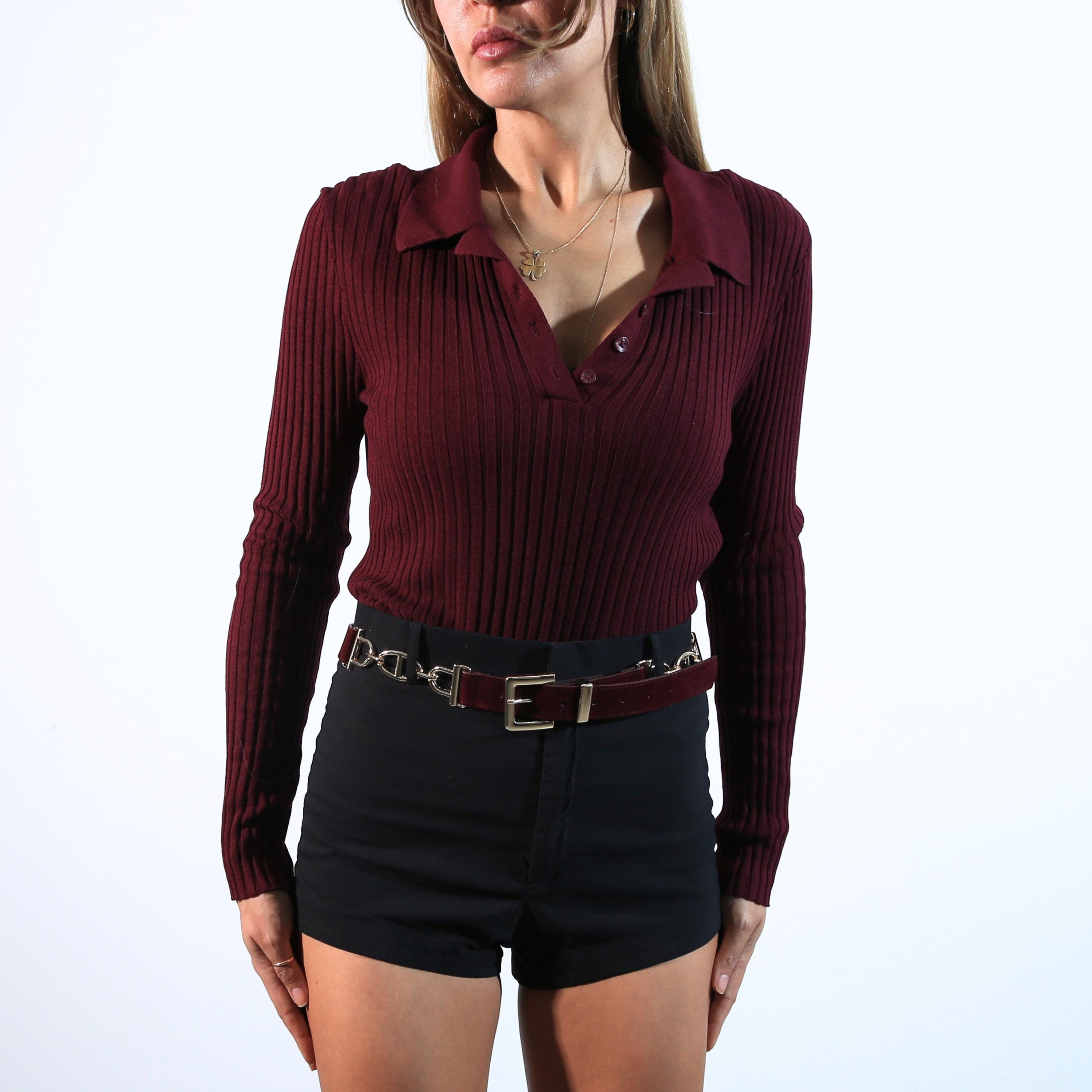 Handmade Gold Chain Vegan Leather Belt, Burgundy & Black 