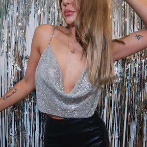 Shiny Rhinestone Backless Party Crop Top, Women Summer Deep V Neck Tank Top, Night Club Diamonds Metal Tank Top, Shiny Crystal Chain Top