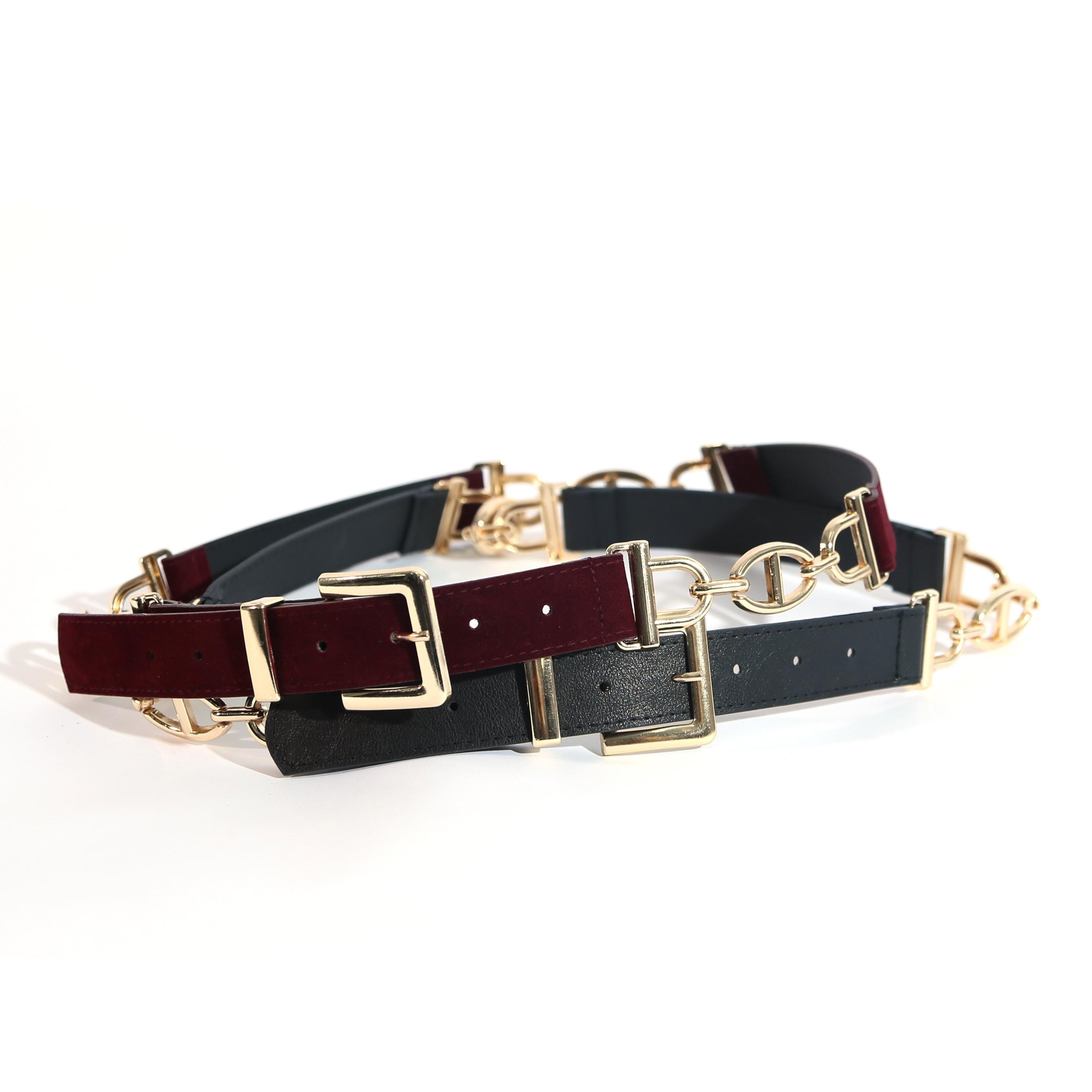 Handmade Gold Chain Vegan Leather Belt, Burgundy & Black  display picture 1