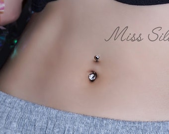 Sterling Silver Belly Button Rings/ S925 Ball Belly Ring/ 14G Belly Button Piercing/ Cubic Zirconia Navel Ring/ Belly Bar