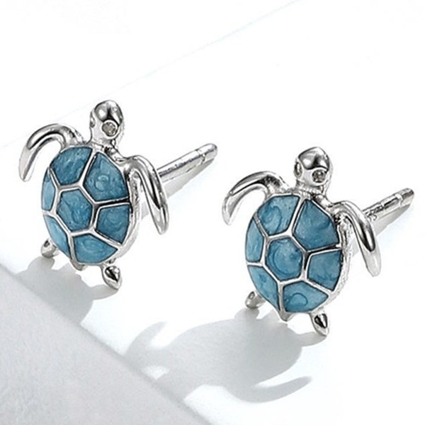 Pendiente de plata de ley de tortuga / Pendientes azules S925 / Zirconia cúbica / Pendiente de vida marina