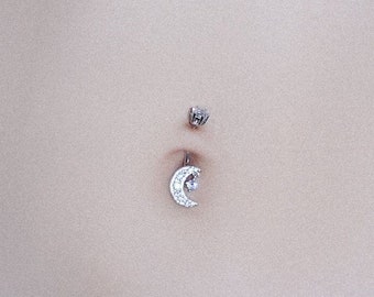 Moon Belly Button Rings Sterling Silver/ S925 Belly Ring/ 14G Star Navel Ring/ Cubic Zirconia Belly Piercing Jewelry/ Belly Bar