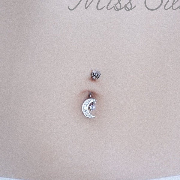 Moon Belly Button Rings Sterling Silver/ S925 Belly Ring/ 14G Star Navel Ring/ Cubic Zirconia Belly Piercing Jewelry/ Belly Bar