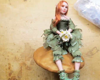 Silke Janas-Schloesser OOAK fairy doll  sitting ON a Mushroom