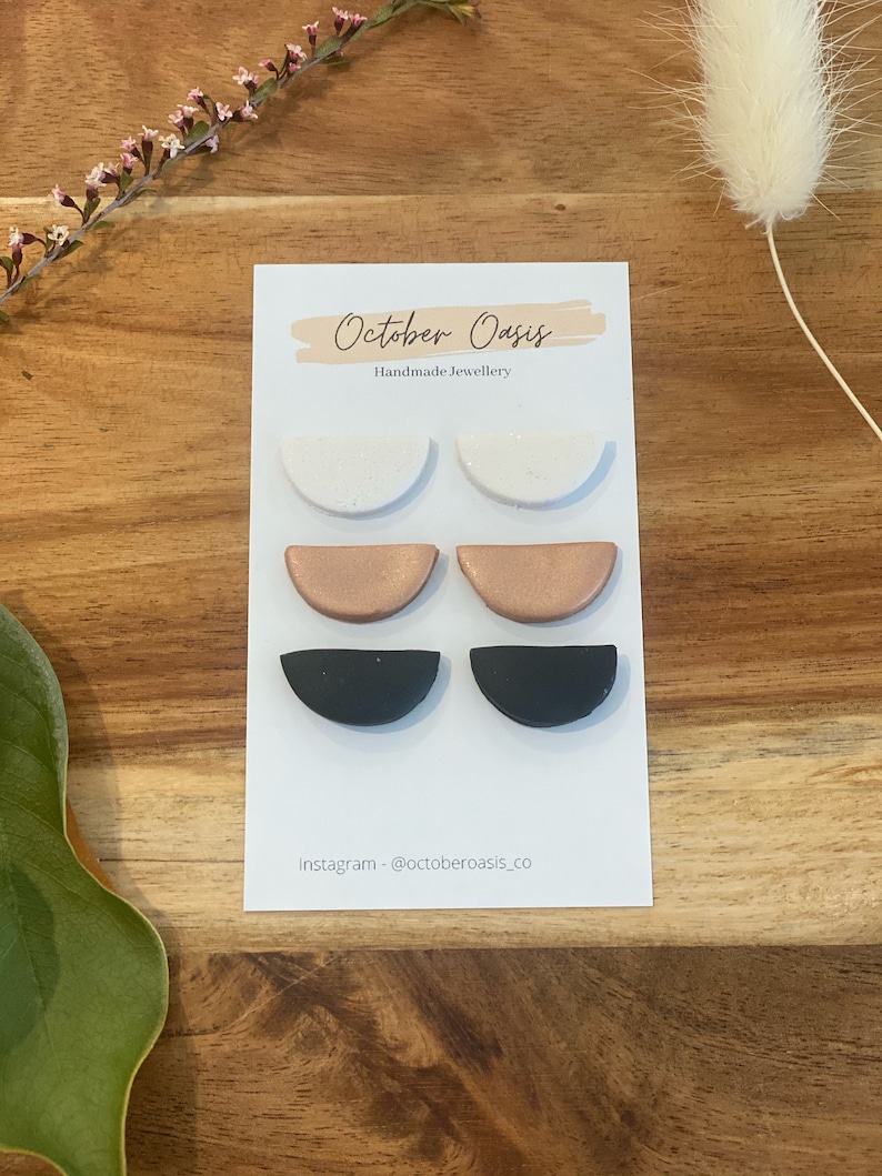 Simple Staple Colours Half circle polymer clay stud earrings 3 pack