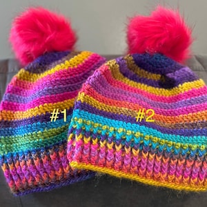 Handmade Crochet Pom-Pom Beanie: Bright Striped Hat