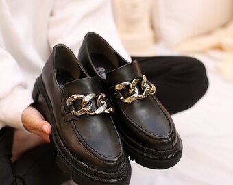 Black Chain Thick Soled Women's Loafer Shoes,vegan leather,woman foot wear, Handmade 2021 New Fashion ,Gift for Wife