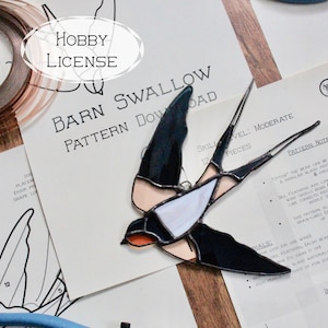 May include: A stained glass barn swallow pattern with 12 pieces. The pattern is labelled "Barn Swallow Pattern Download" and includes instructions for making the project. The skill level is listed as moderate.
