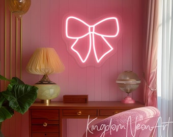 Pink Bow Neon Sign, Custom LED Light, Girls Room Decor
