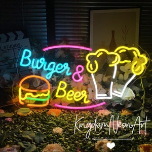 Hamburguesa y cerveza Letrero de neón Comida personalizada Letrero de neón Luz LED Decoración de la pared del hogar Decoraciones de restaurante de comida rápida Hamburguesa Letrero de neón Arte de neón