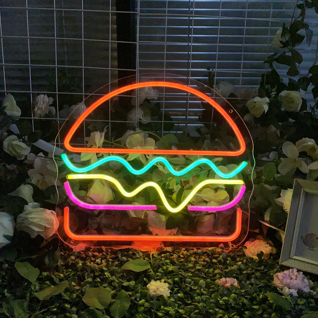 Insegna Neon Hamburger – Decorazione A LED Per Casa, Ristorante O Fast Food, 43x35 Cm