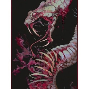May include: A vertical illustration on a black background featuring a pale, scaled serpent with an open mouth, sharp fangs, and a forked tongue. The creature is depicted with vibrant red, blood-like splatters and sharp, protruding rib-like structures.