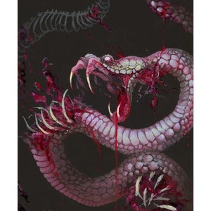 May include: A dark illustration of a coiled, pale pink snake with visible scales, sharp fangs, and an open mouth. The creature is depicted with red, blood-like splatters and streaks across its body and surrounding area against a black background.