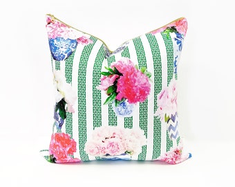 Cover Only | Ginger Jar Peony with Greek Key Stripe | Designed by Danika Herrick | Grandmillennial ChinoiserieThrow Pillow