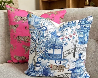 Leopard Pillow Cover Set: Pink & Blue Chinoiserie, Grandmillennial Decor