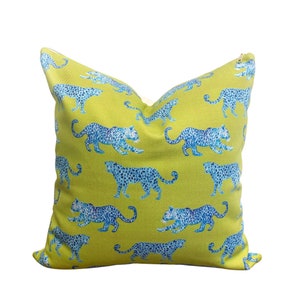 Cover Only | Leopard Parade Blue on Citron | Designed by Danika Herrick | Grandmillennial Throw Pillow