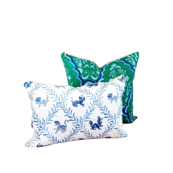 Designer Curated : Little Beasties + Scallop Paisley blue and green throw pillows by Danika Herrick