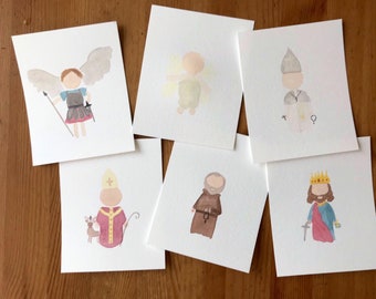 Custom Catholic Saint Watercolor Prints l Hand painted l Available in Any Saint l 4 by 5" l First Communion | Baptism Gift l happilyhelen