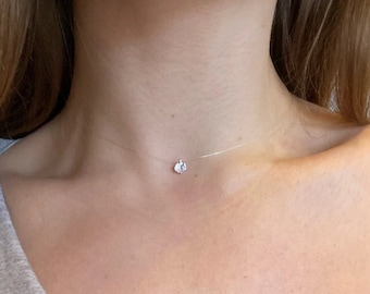 925 Sterling Silver Invisible Necklace, Cubic Zircon Pendant Choker, Minimalist Delicate Collar Necklace, Small Shiny Pendant Necklace, 47