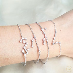 925 Sterling Silver Constellation CZ Bracelet, Zodiac Star Sign Bracelet, Crystal Charm Chain Bracelet, Real Silver Simple Fine Bracelet 34