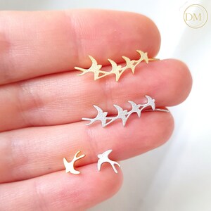 Sterling Silver Swallow Earrings, Gold Vermeil Studs, Bird Ear Climbers, Mismatched Earrings, Real Silver, Delicate Simple Fine Studs, 35