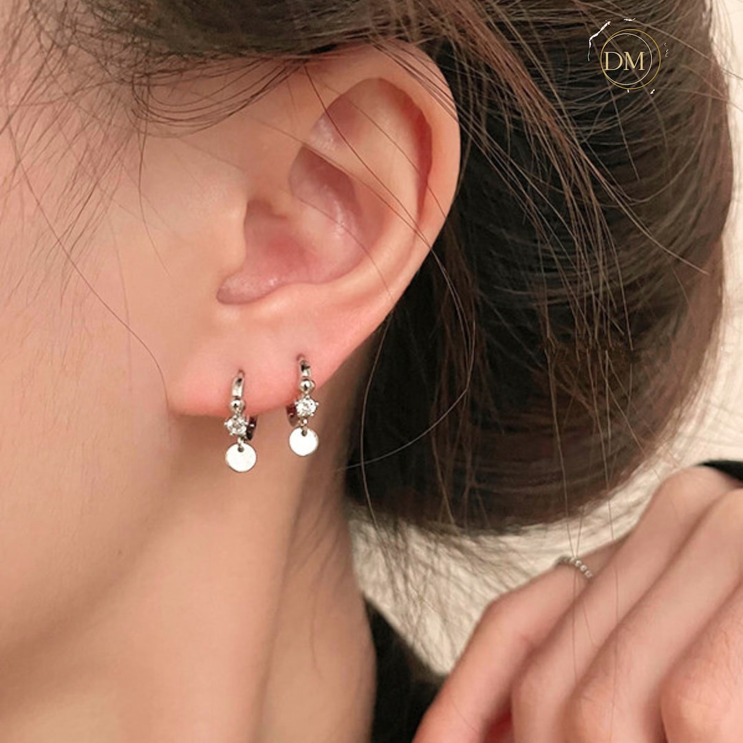 Sterling Silver CZ Huggie Earrings Tiny Dangle Hoop Earrings Etsy