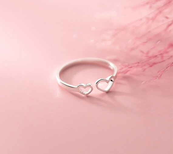 Real Solid 925 Sterling Silver Double Heart Ring, Adjustable Love Band Ring,  Simple Minimalist Hollow Ring, Minimal Delicate Fine Ring, 41 